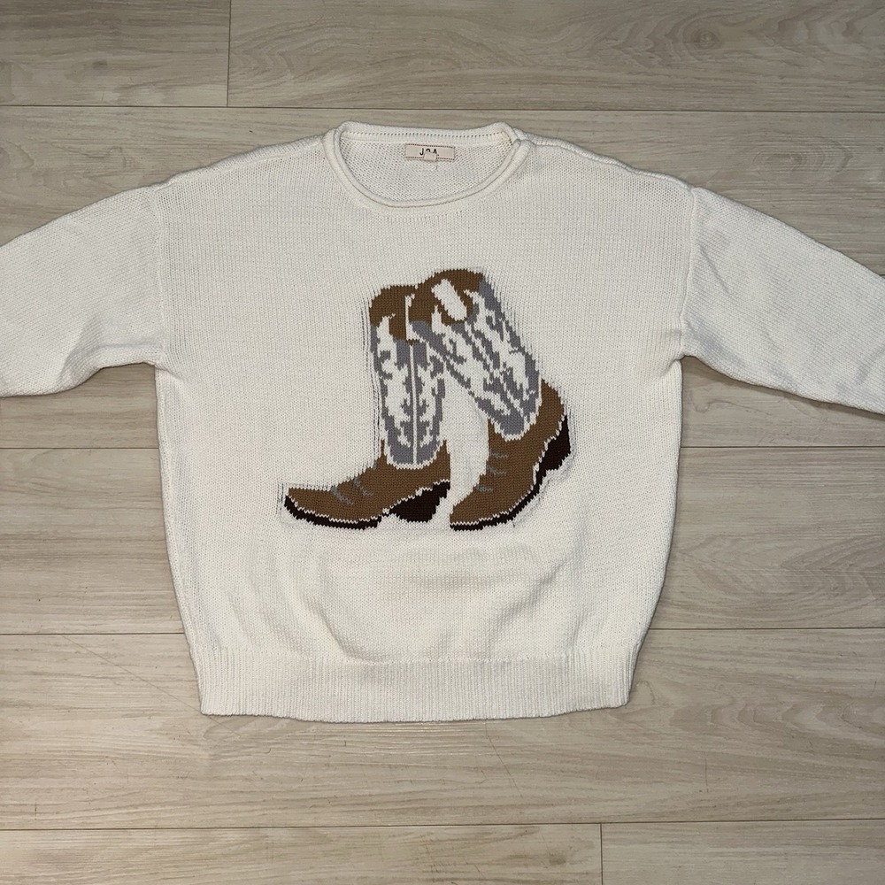 Boho Cowgirl Boots Knit Sweatshirt Size Small Women's White Cozy J.O.A Western - Picture 2 of 9